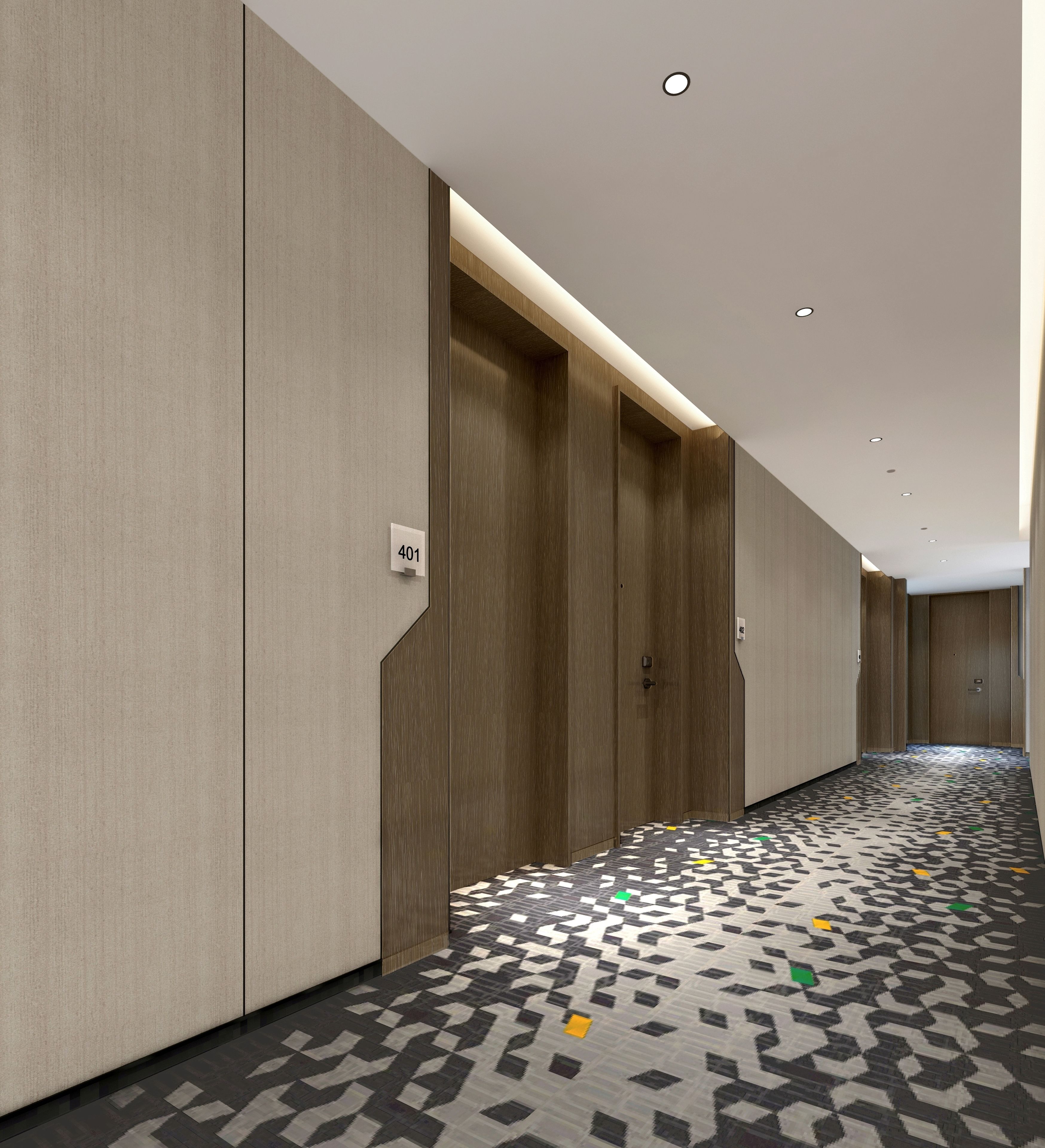 A hallway with a patterned floor, wooden doors, and a number sign indicating room 401.