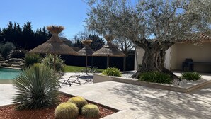 A landscaped outdoor area with a pool, thatched umbrellas, cacti, and a large tree. - Provencal country house with heated freeform pool (Châteaurenard)