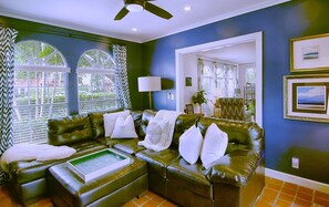 Smart TV, fireplace, books, music library