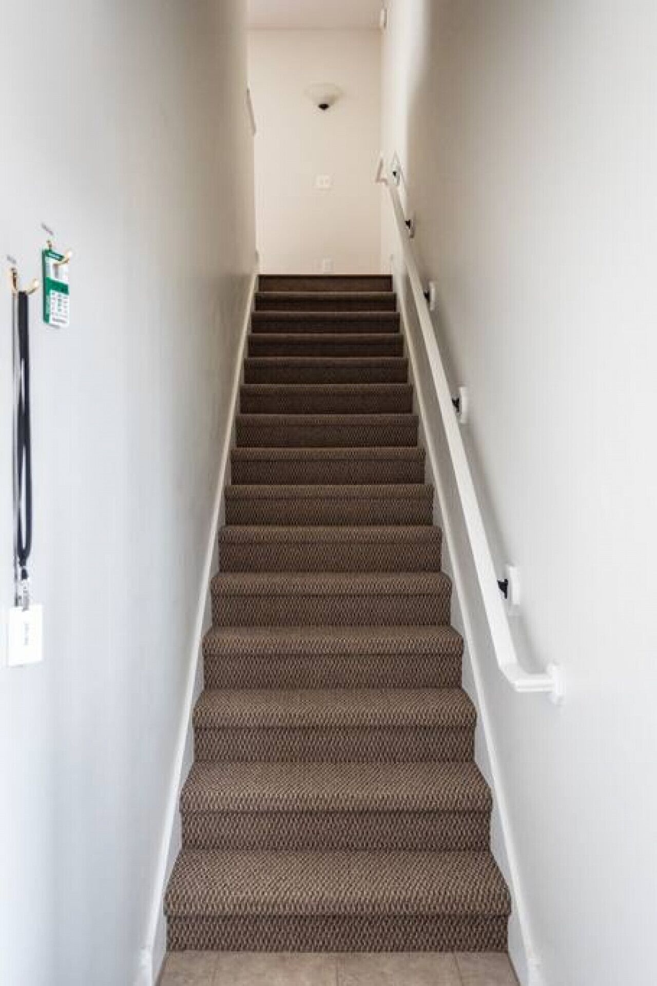 A staircase with carpeted steps and white walls.