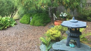 Ein Garten mit einer Steintorpfosten, moosbewachsenen Steinen und verschiedenen Pflanzen.