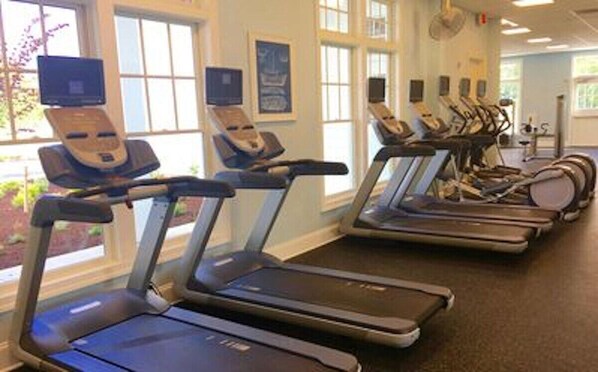 A row of treadmills in a well-lit room with large windows and exercise equipment.