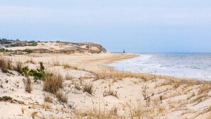 A coastal landscape with sand dunes, sparse vegetation, and a distant lighthouse.