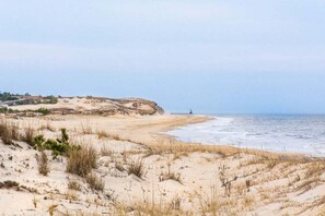 A coastal landscape with sand dunes, sparse vegetation, and a distant lighthouse.