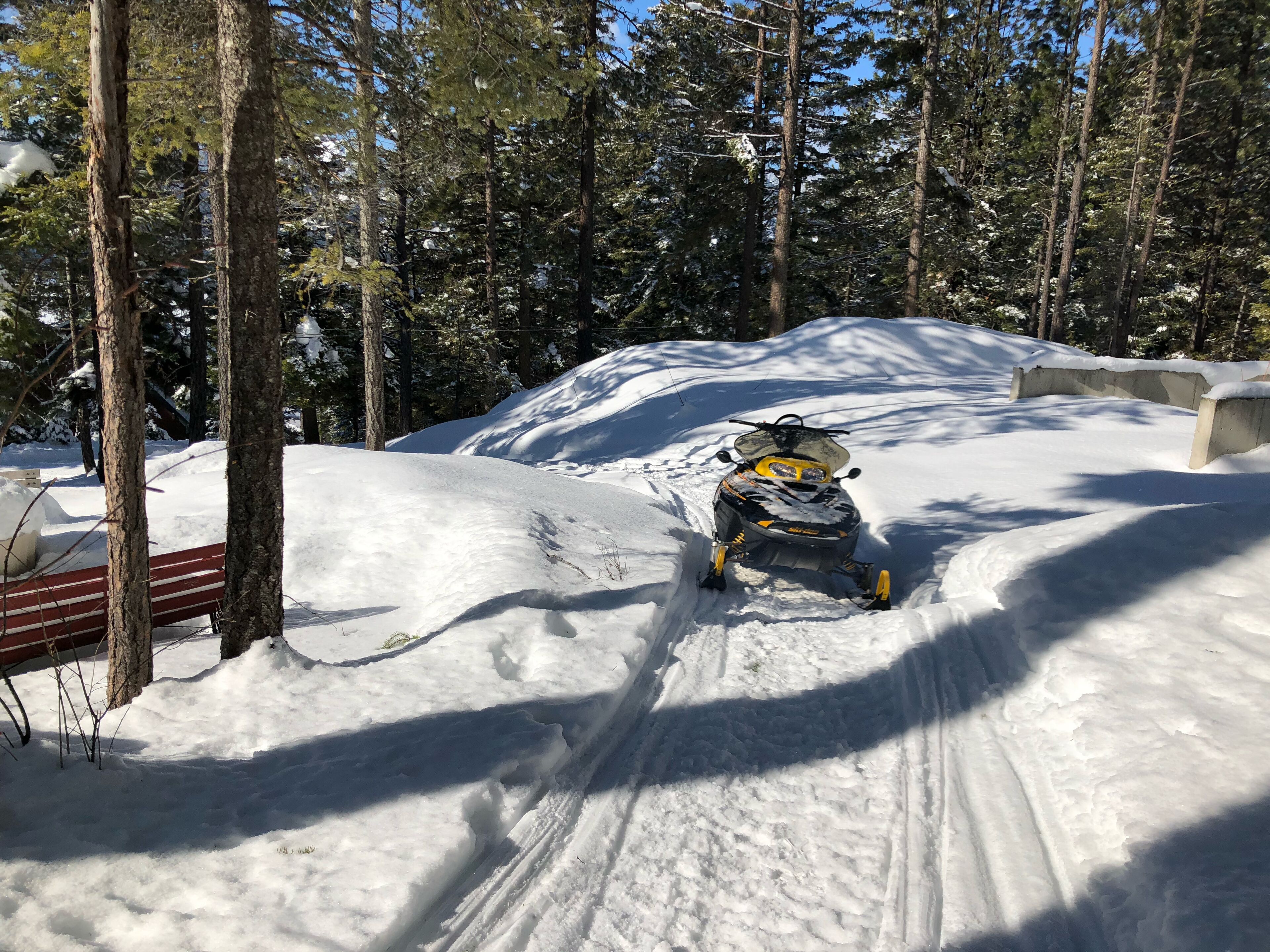 Un vehículo para nieve en un sendero nevado, con árboles al fondo.