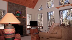 Una sala de estar con chimenea de piedra, televisor y ventanas grandes que dan a un bosque.