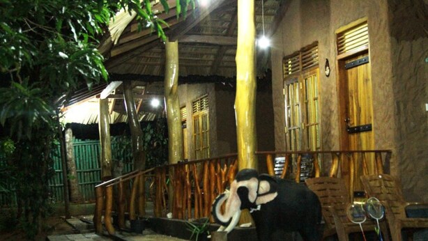An elephant enclosure with a wooden railing and a thatched roof structure. - Peace Heaven (Udawalawa)