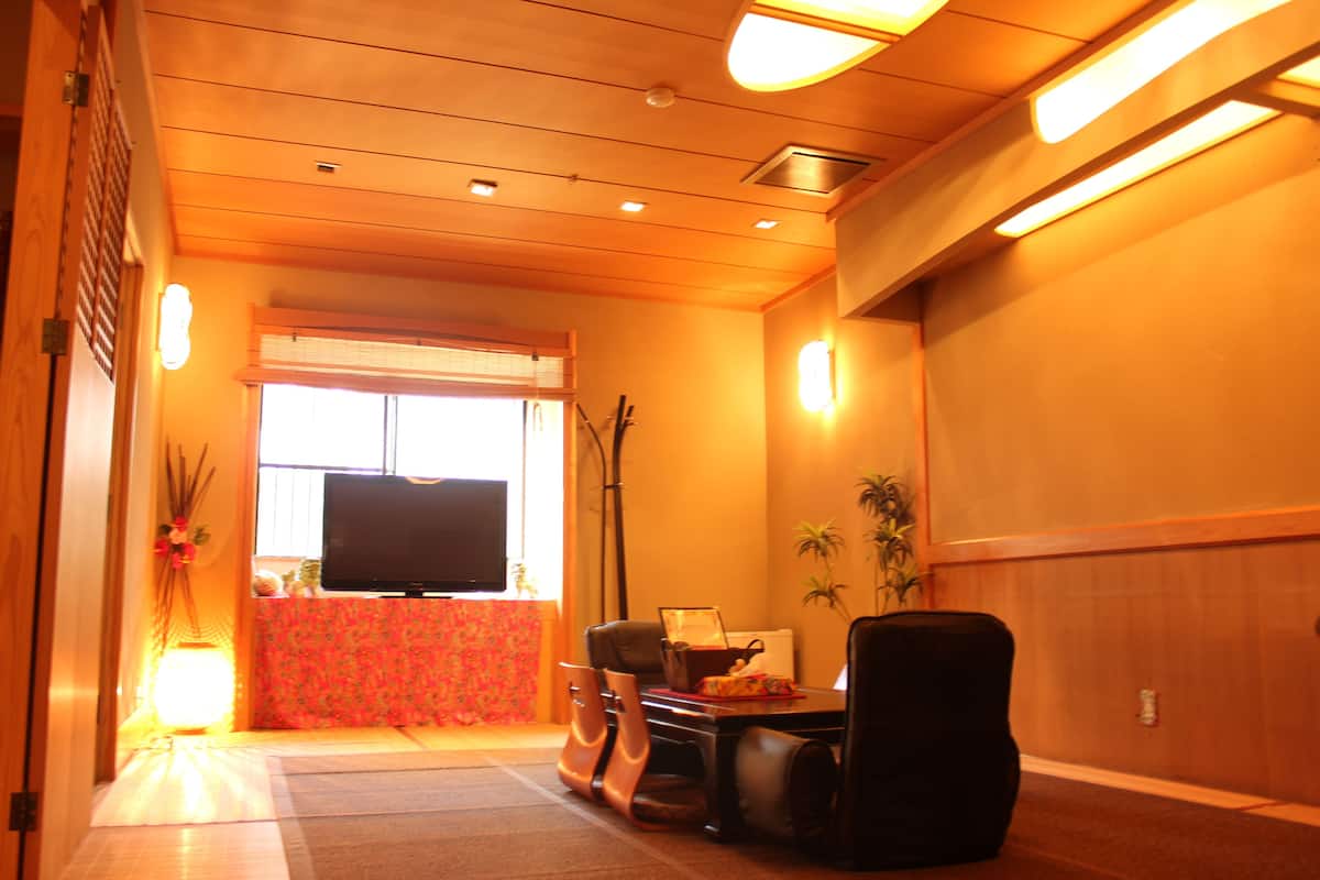 Une chambre avec un plafond en bois, un téléviseur à écran plat, un bureau avec une chaise et une fenêtre équipée de stores.
