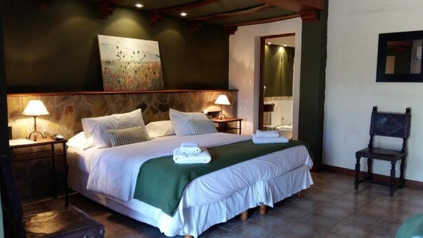 A hotel room with a large bed, two bedside tables with lamps, a chair, and a painting on the wall. - Hotel Las Chirimoyas  (Salta)