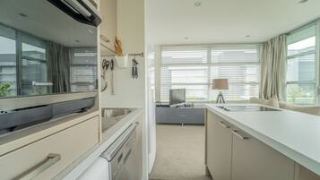 Full-sized fridge, microwave, oven, stovetop