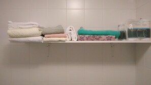 Tina con regadera, secadora de cabello, bidet, toallas 