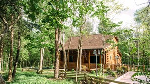 A wooden cabin surrounded by trees.