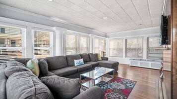 Télévision, cheminée, livres