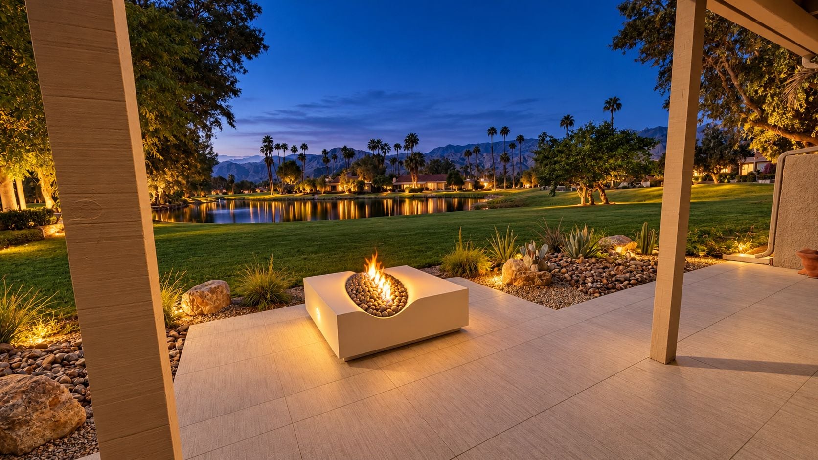 A modern outdoor seating area with a fire feature, surrounded by a well-maintained lawn and a body of water in the background.