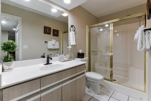 Combined shower/bathtub, jetted bath, hair dryer, towels