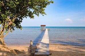 On the beach, sun loungers, beach umbrellas