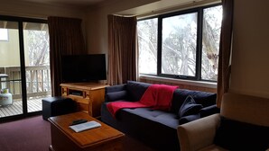A living room with a sofa, a coffee table, a TV, and a window with curtains. - Discobulous 6 (Mount Buller)