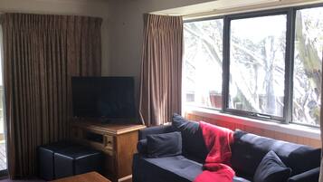 A living room with a television on a wooden stand, a sofa with a red blanket, a wooden coffee table, and a window with curtains.