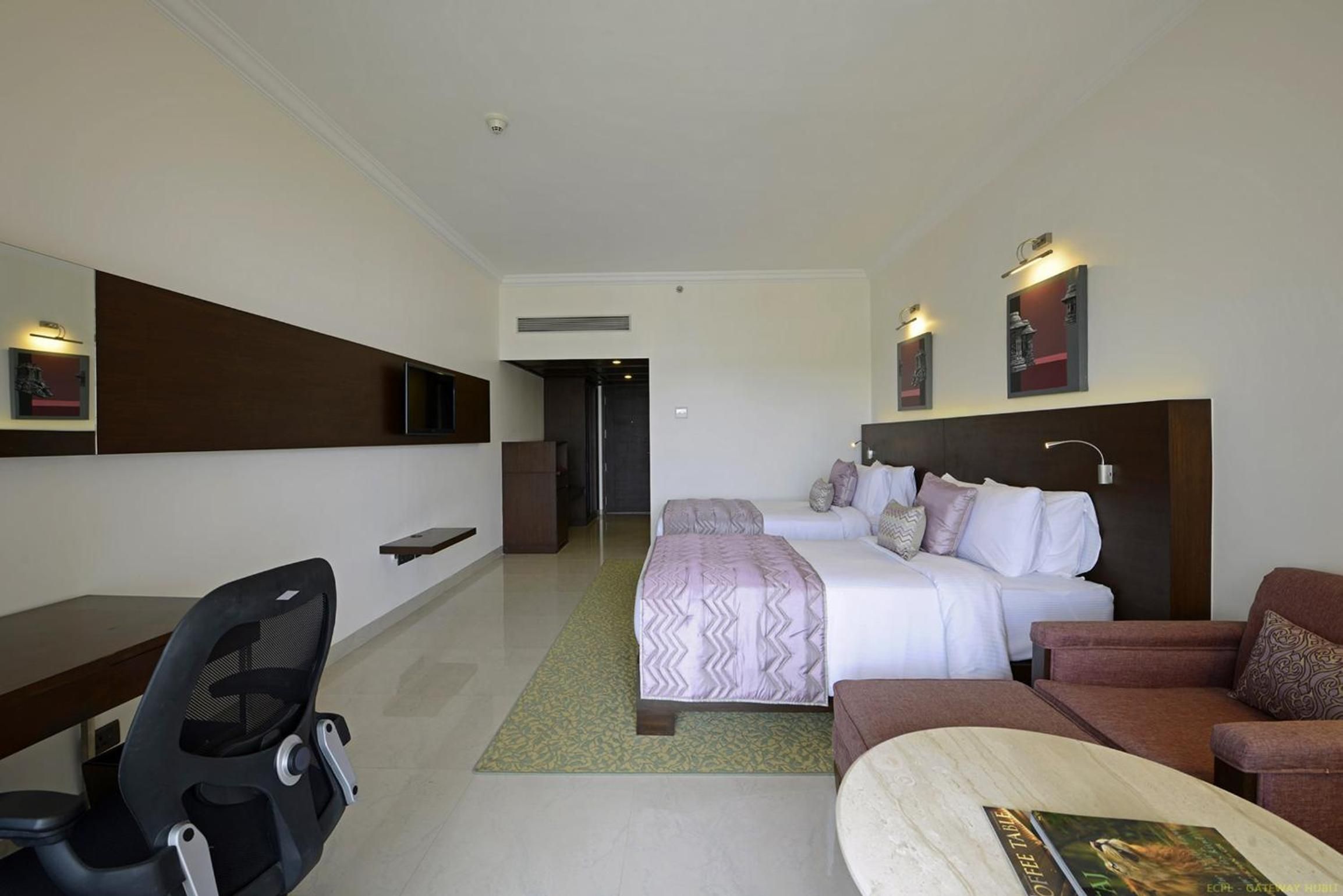 Habitación de hotel con una cama, un escritorio, una silla, un sofá y una mesita con un libro.