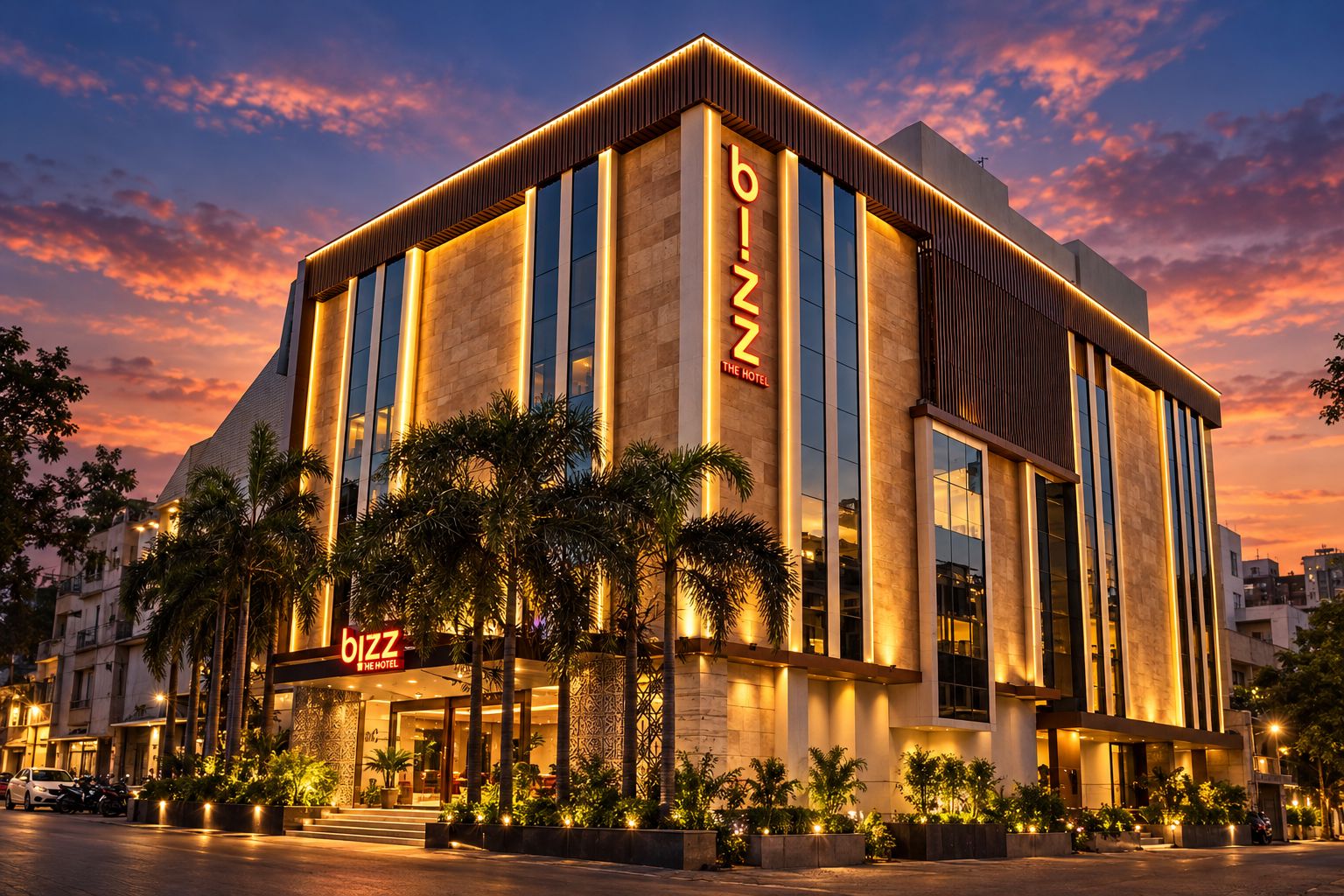 Un hotel moderno con un llamativo letrero 'bizz', amplias ventanas y una fachada bien iluminada.