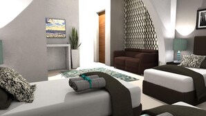 Ein modernes Hotelzimmer mit zwei Betten, einer Couch, einer Wand mit Muster und einem Stadtbild.