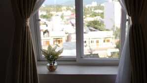 A window with curtains, a vase with a plant, and a view of buildings and mountains.