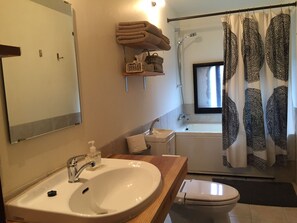 Combined shower/bathtub, deep-soaking bathtub, free toiletries