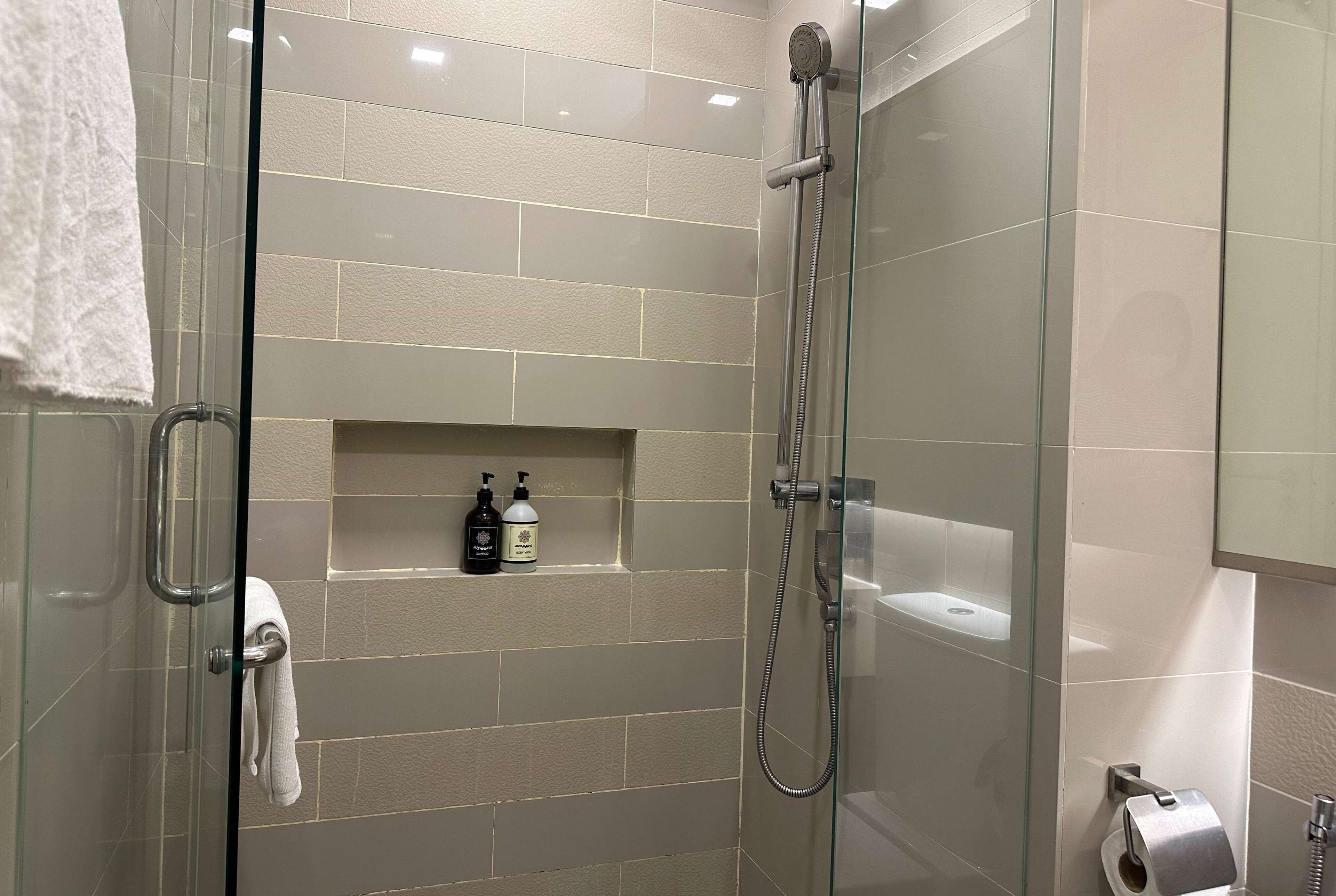 Een douche met glazen wanden, inclusief een handdouche en een glazen deur. Een handdoek hangt aan de deurklink. Er is een plank met twee flessen shampoo en conditioner.