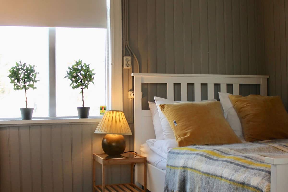 A bedroom with a bed, bedside table, lamp, and two potted plants by the window.