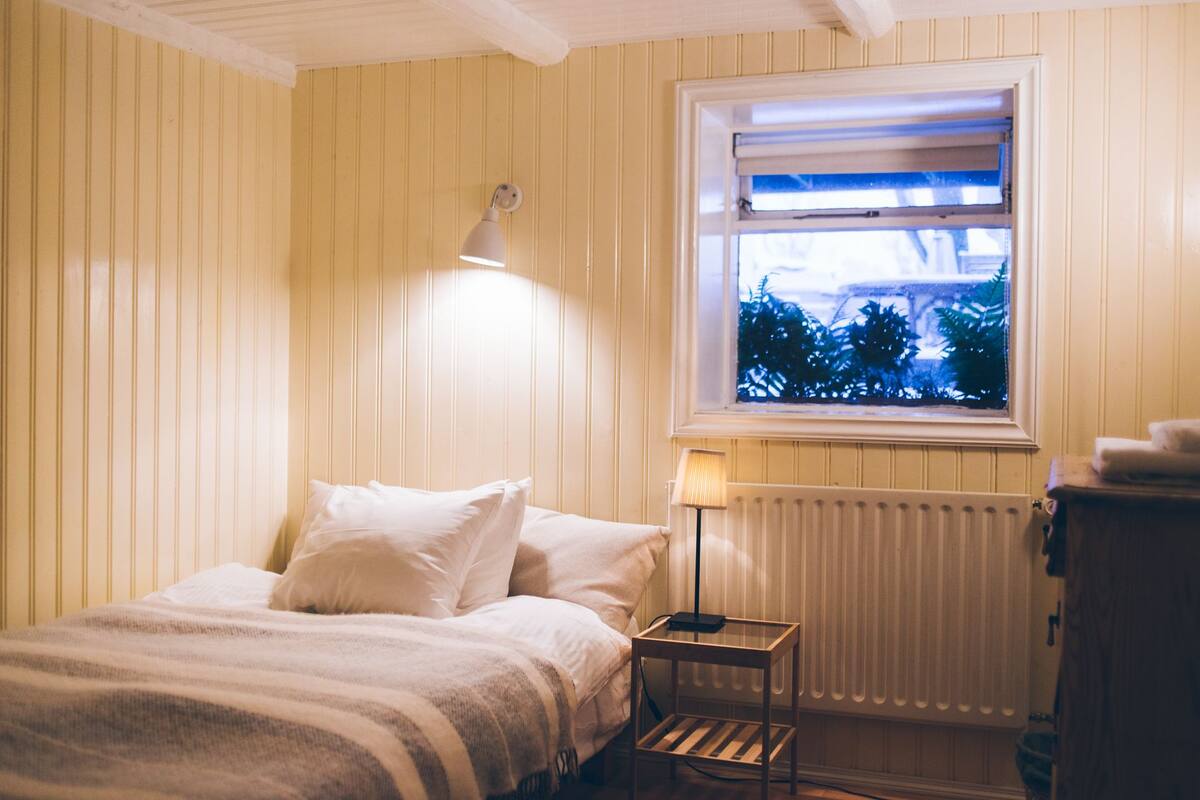 A bedroom with a bed, a nightstand, a lamp, a window with a view of trees, and a radiator.