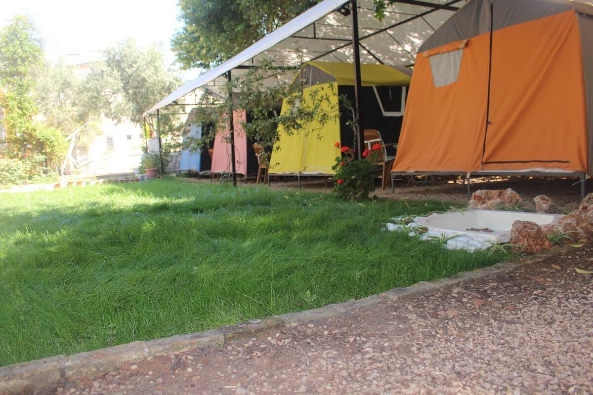 A campsite with tents and a grassy area.