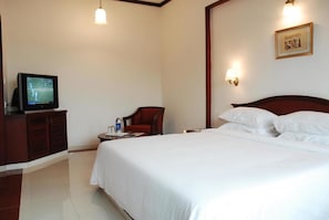 Una habitación de hotel con una cama, un televisor sobre un mueble de madera, una silla y dos lámparas fijadas a la pared.