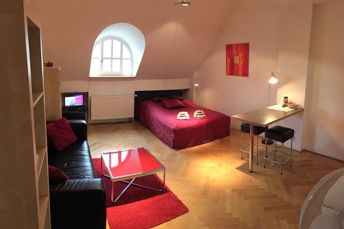 Una habitación pequeña con cama elevada, un escritorio reducido, un sofá rojo y un televisor.