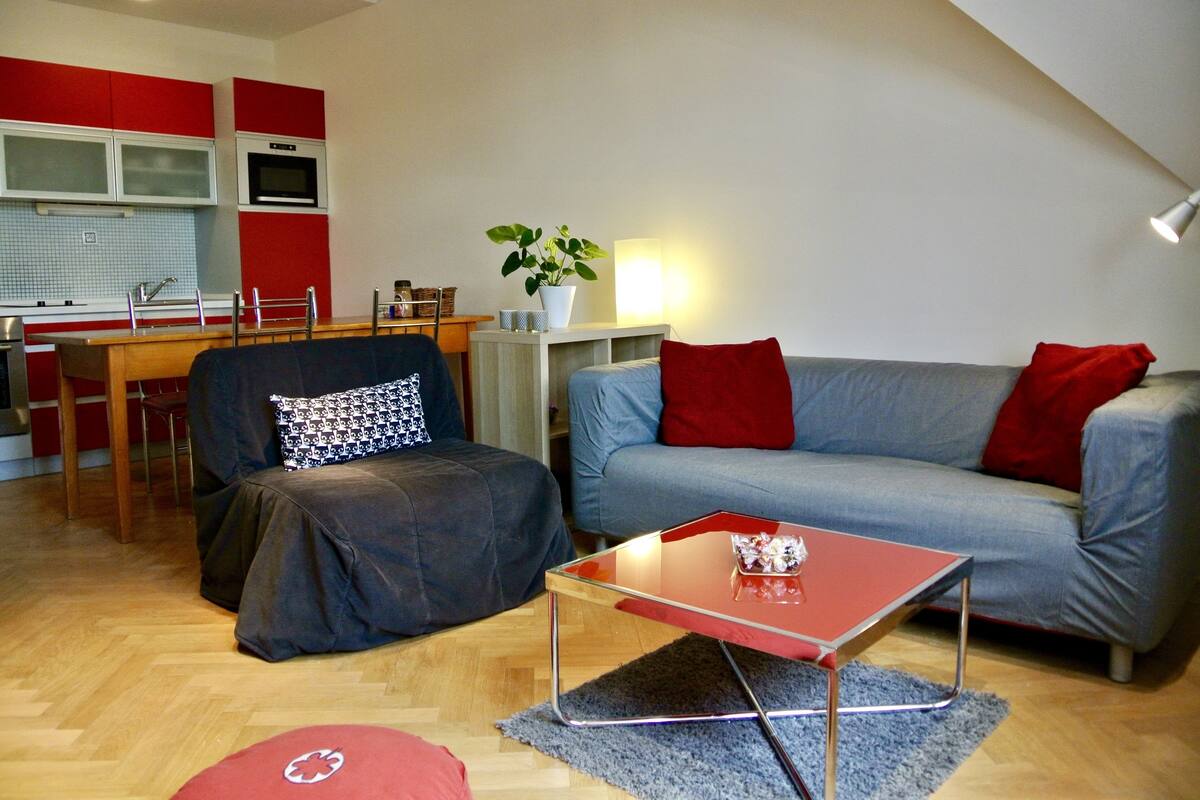 Un espacio habitable compacto con kitchenette, un sofá, una mesa de centro y un comedor.
