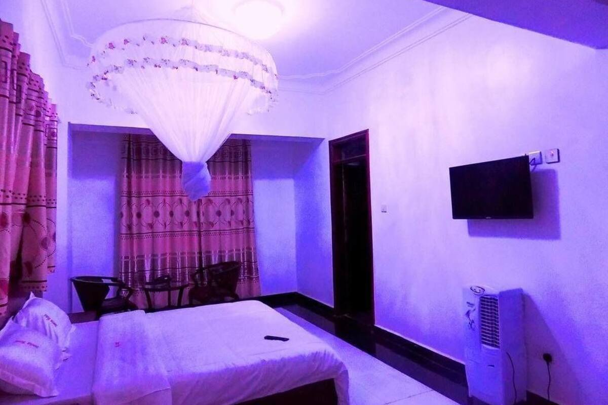 A room with a bed, a television, a heater, and a chandelier.