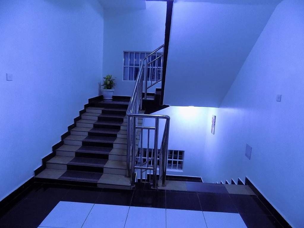 Una escalera con barandilla de metal, una planta en maceta y un ventanal pequeño.