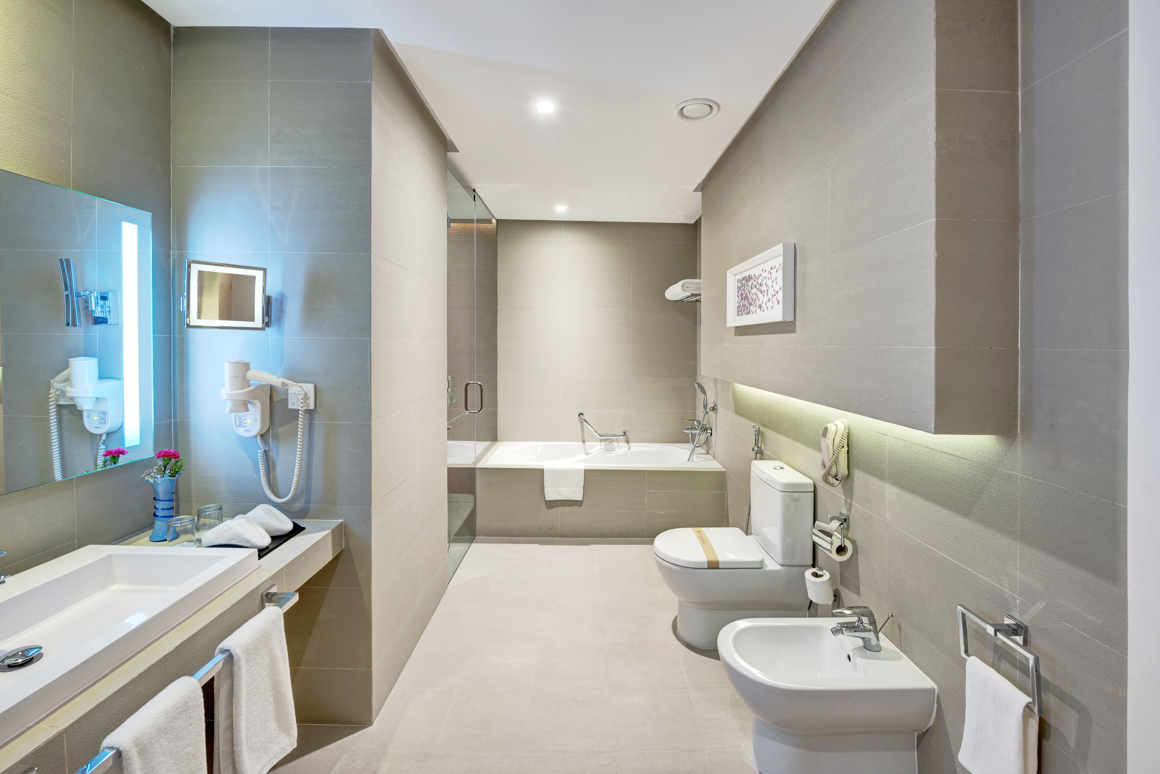 combined shower/bathtub, free toiletries, hair dryer, bathrobes