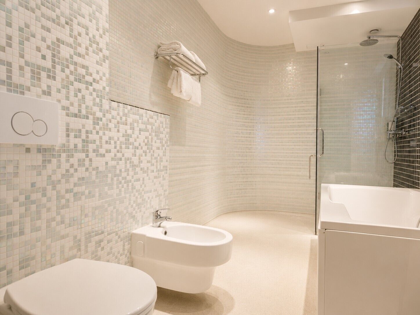 Un baño moderno con inodoro, bidé y zona de ducha.