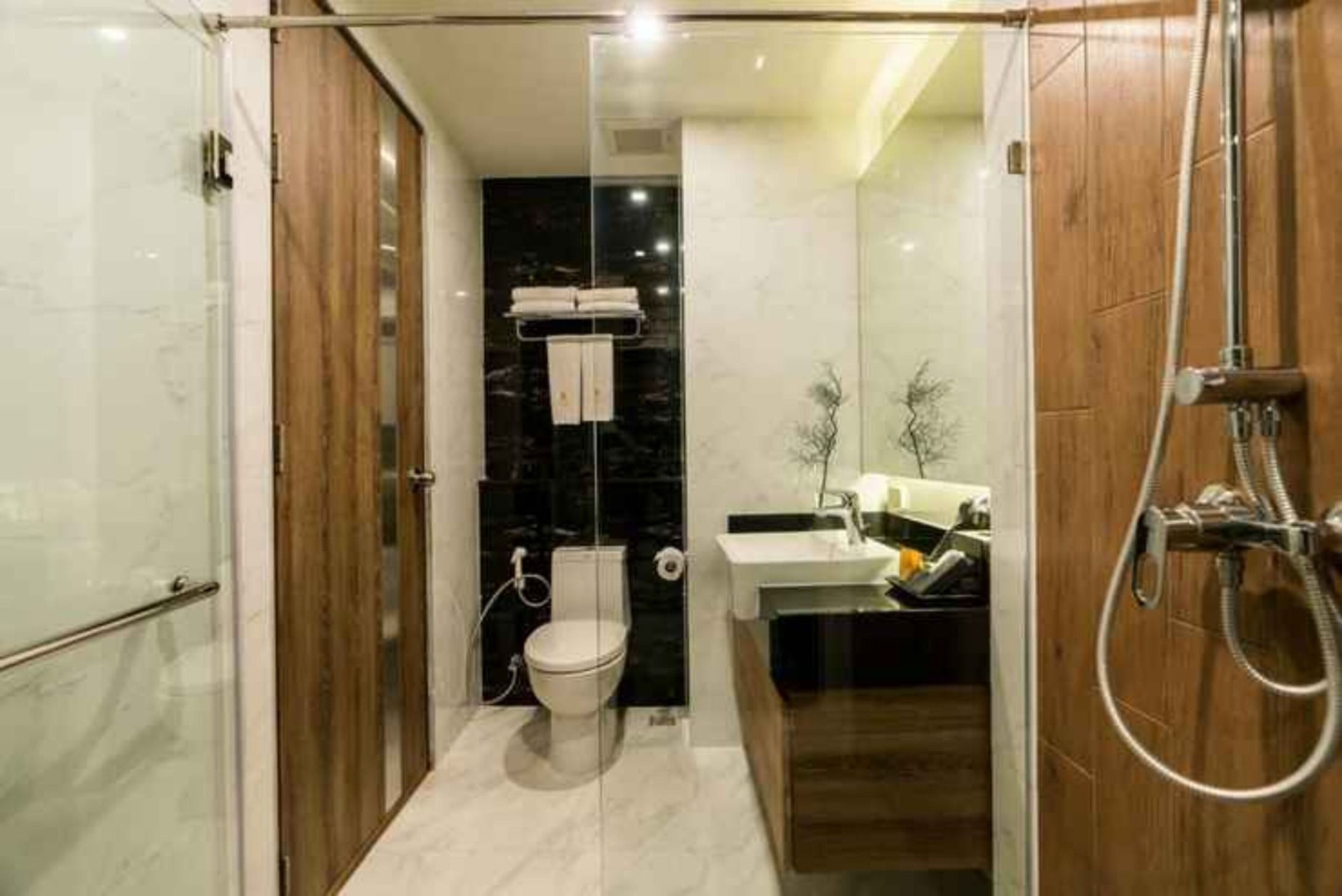 A modern bathroom with a glass shower enclosure, a toilet, and a sink.