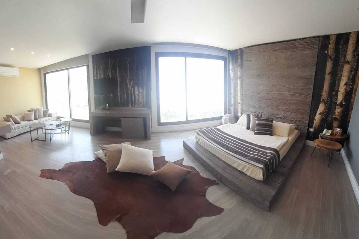 Un salon moderne avec une grande fenêtre, une cheminée, un canapé et un tapis en peau de vache.