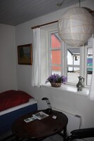 Un dormitorio con una cama individual, una mesita de noche con lámpara, una ventana con vistas y una lámpara colgante.
