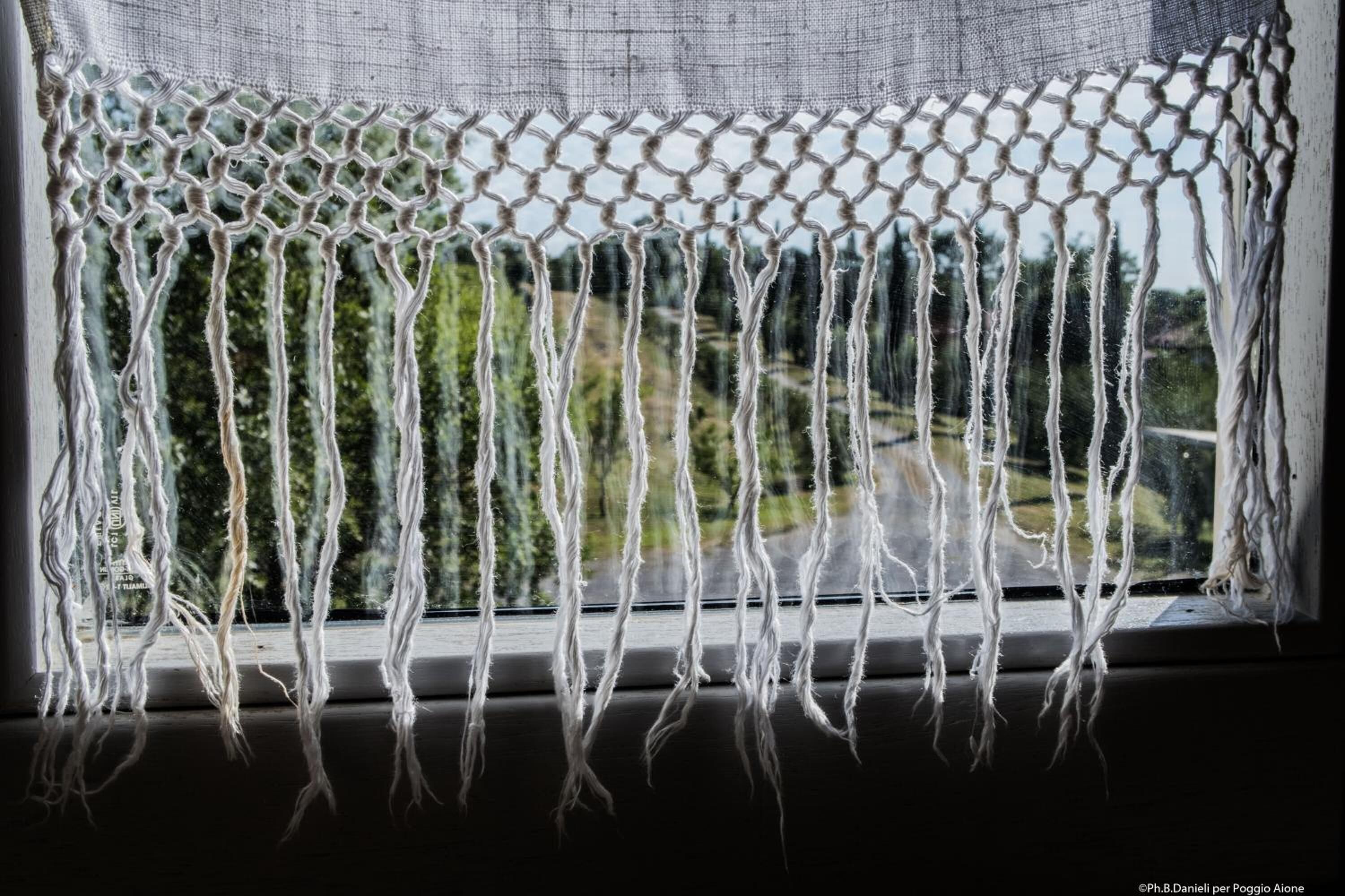 Ein Fenster mit einer Makramee-Vorhang und Blick auf eine grüne Landschaft.