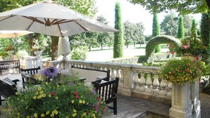 Un patio al aire libre con una mesa y sillas, rodeado de plantas en macetas y una barandilla decorativa.