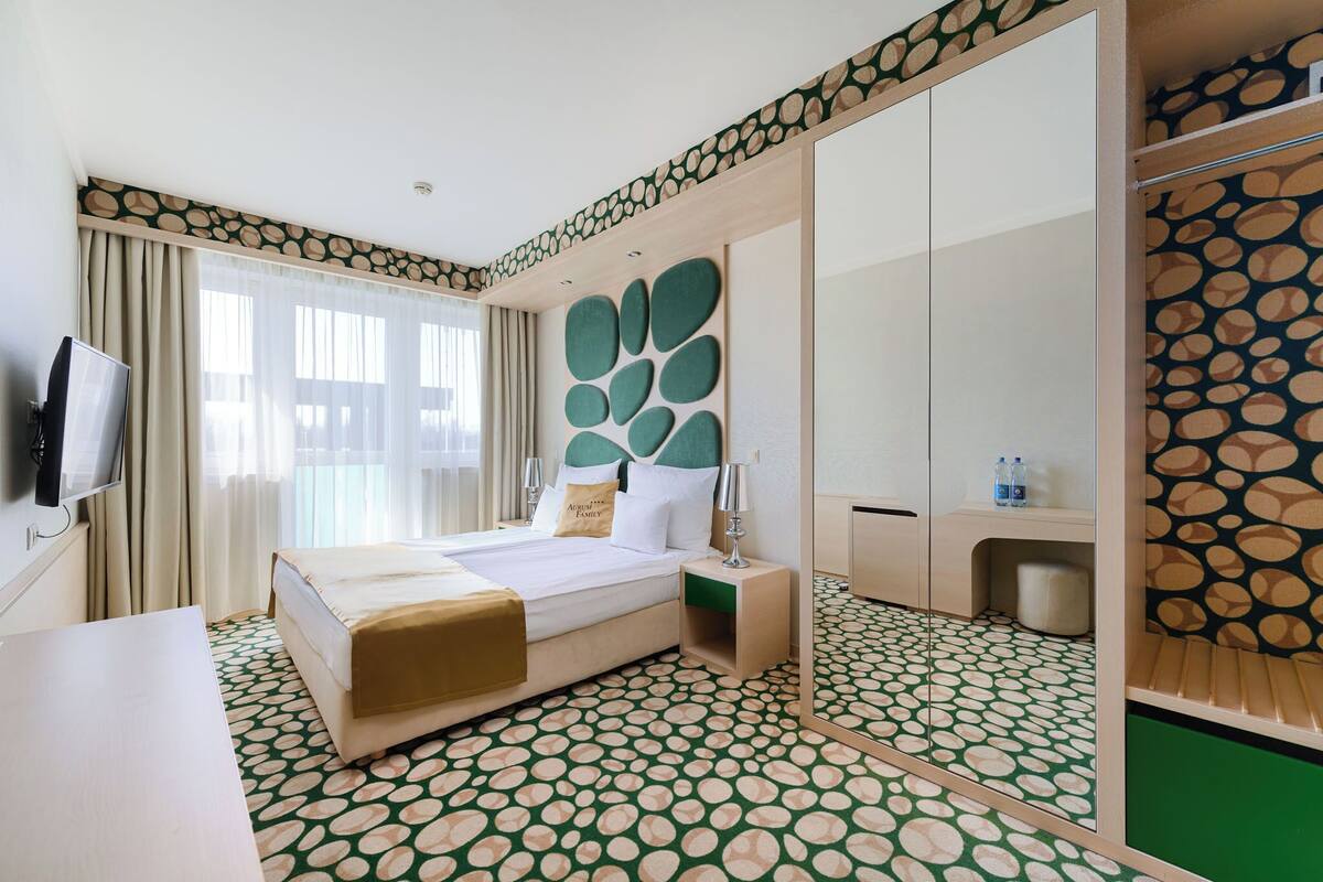 Une chambre d’hôtel avec un lit, une table de chevet, une télévision et un miroir.