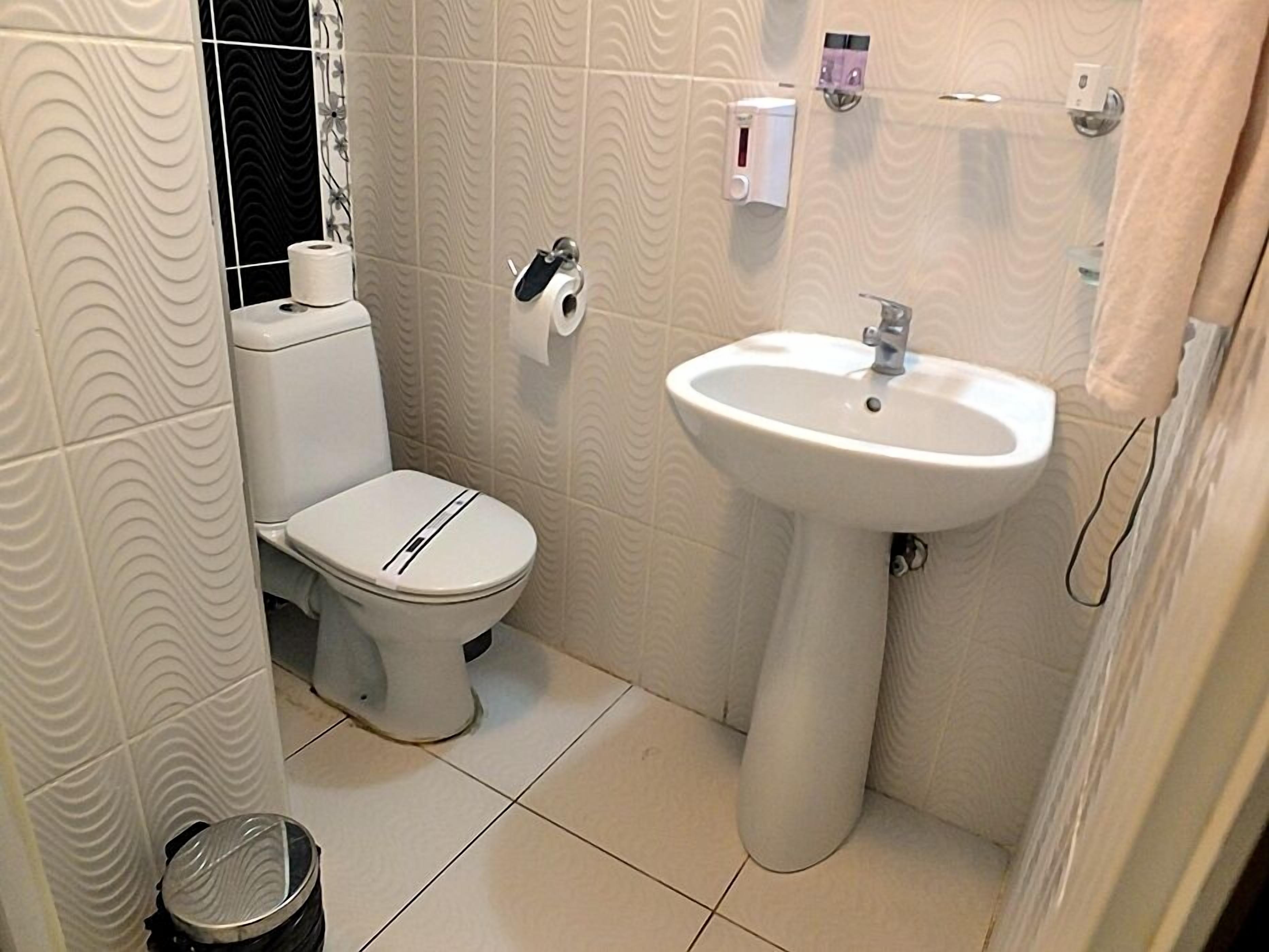 A small bathroom with a toilet, a sink, and a hand dryer.