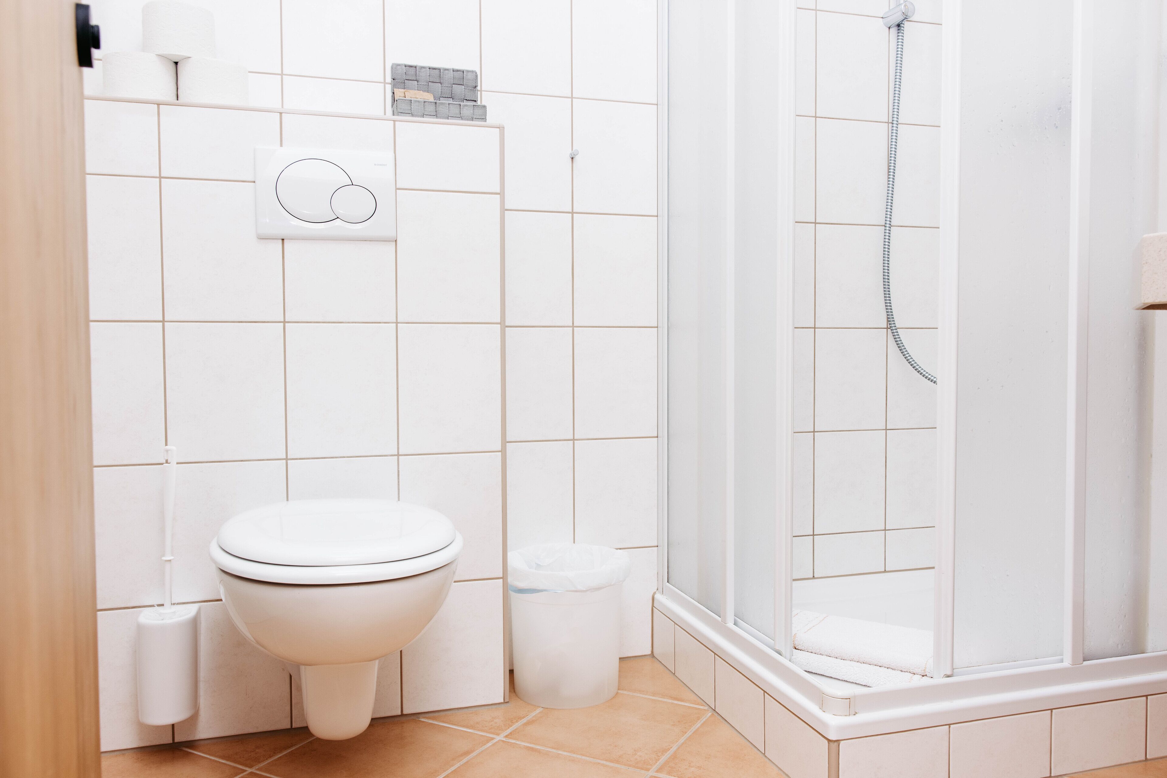 Un baño con inodoro, cubo de basura, ducha y soporte para papel higiénico.