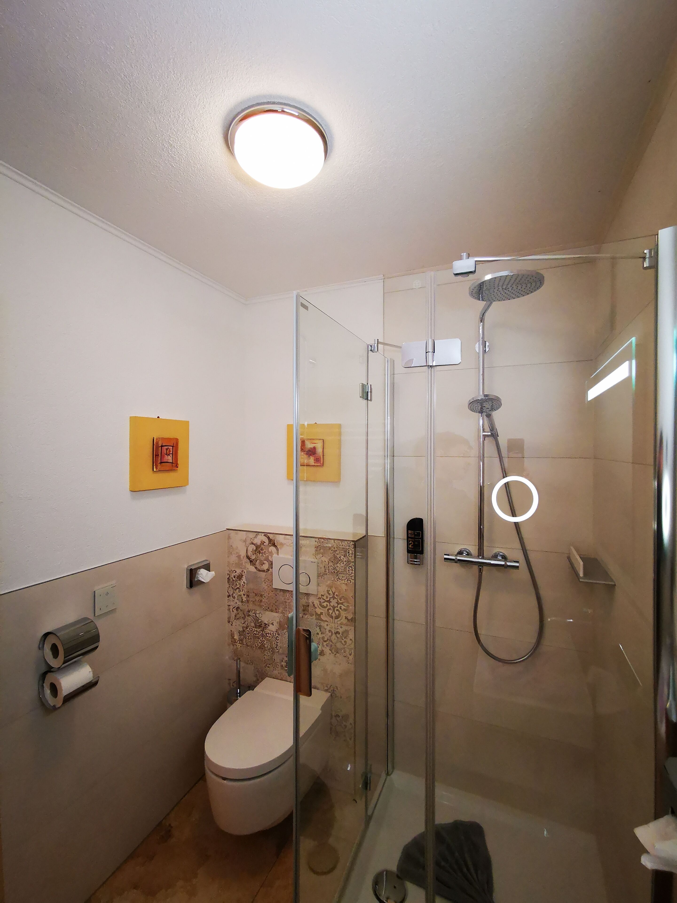 Ein Badezimmer mit Duschkabine, Toilette und Handtrockner.