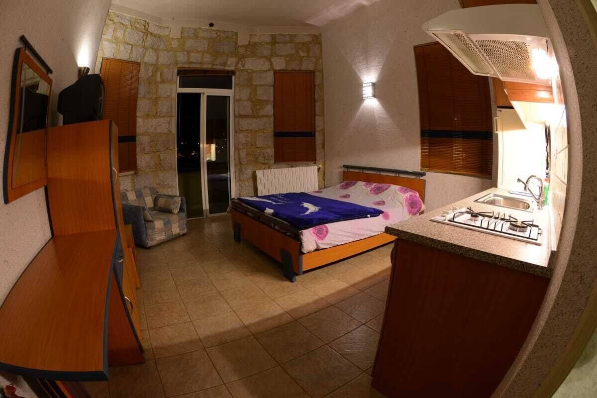 Une chambre avec un lit, une petite kitchenette, une salle de bain avec douche et un mur en pierre.
