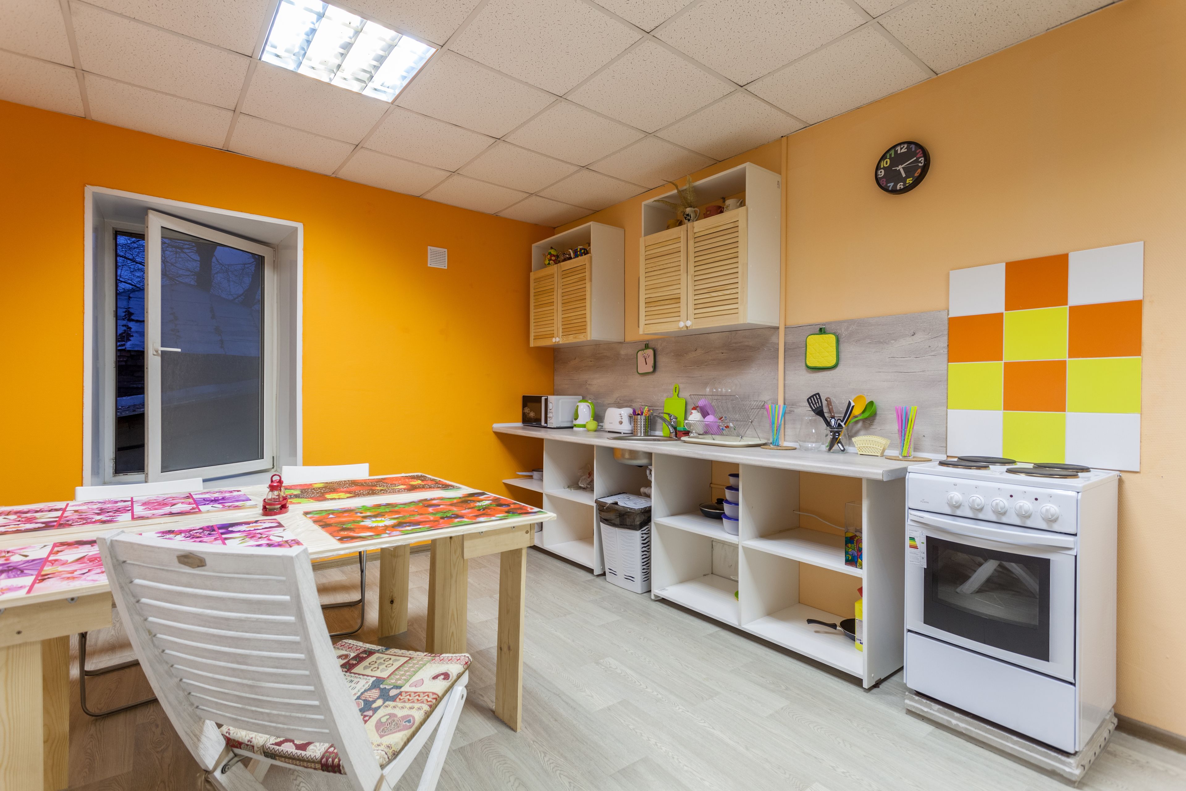 Fridge, microwave, oven, cookware/dishes/utensils