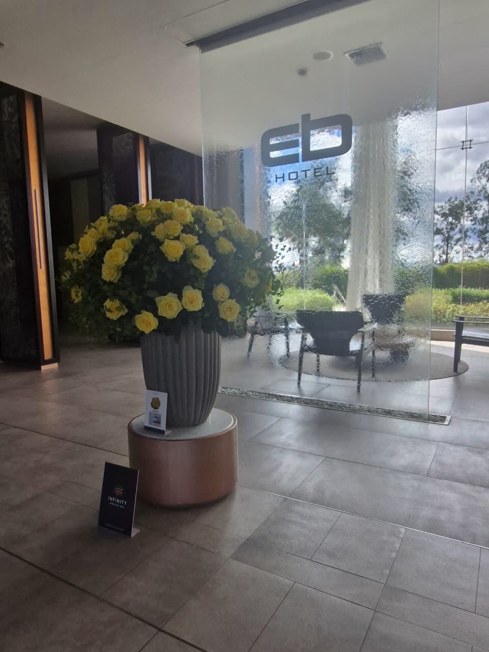 A hotel lobby with a large potted plant, a reception desk, and a glass wall with a view of the outdoors.
